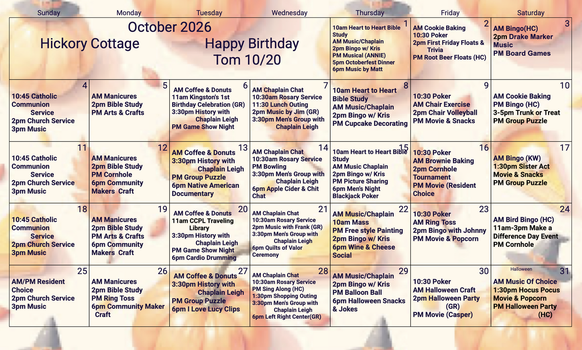 Hickory Cottage Oct 26 calendar